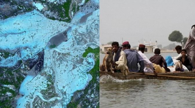 Gambar banjir di beberapa wilayah di Pakistan pada 2010 yang berhasil ditangkap oleh ASTER (Foto: NASA).
