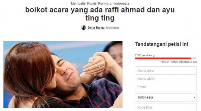 Seorang netizen yang bernama Delia Bunga mengajukan petisi boikot Raffi Ahmad dan Ayu Ting Ting melaui sebuah situs petisi online. (Change.org)