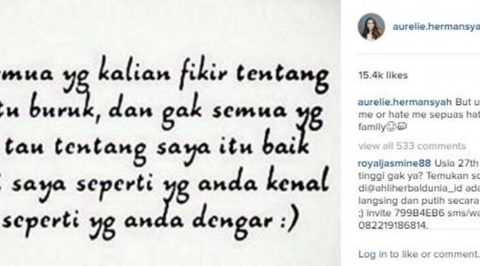 Aurel Hermansyah buat pernyataan di Instagram (Instagram/@aurelie.hermansyah)