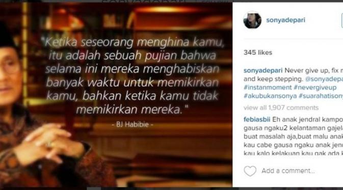 Dihujat Pasca Ngaku Anak Arman Depari, Sonya Unggah Quote Habibie