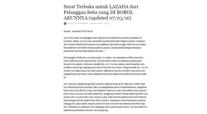 Surat pembaca untuk Lazada (facebook.com)