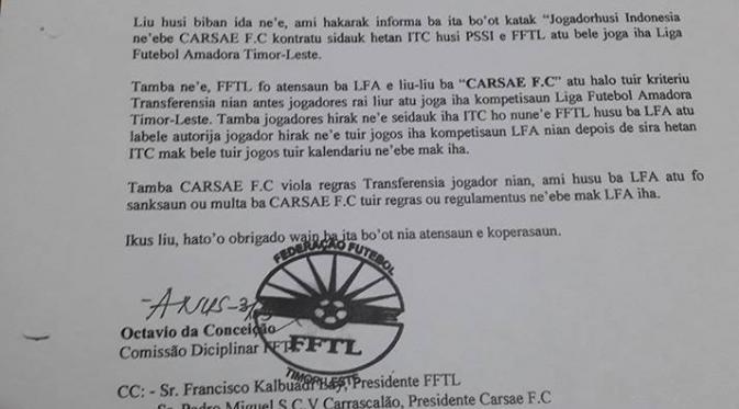 Surat teguran dari Federasi Sepak Bola Timor Leste ke klub Carsae FC. (Facebook Carsae FC)