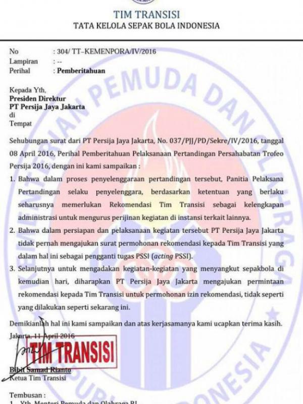 Surat Tim Transisi kepada Persija Jakarta 