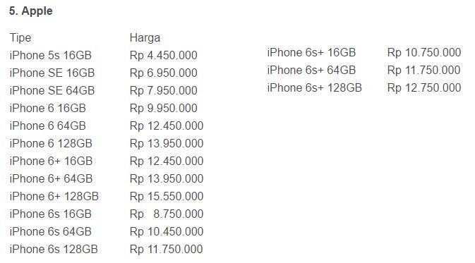 Daftar harga smartphone Apple
