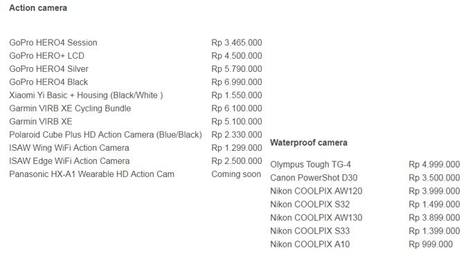 Daftar harga action camera dan waterproof camera