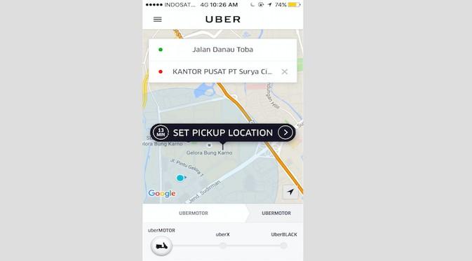 Tampilan layanan UberMotor dari aplikasi Uber (Liputan6.com/Jeko Iqbal Reza)