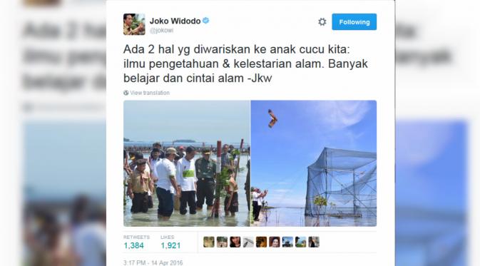  Presiden Joko Widodo atau Jokowi mengajak seluruh rakyat Indonesia untuk merawat dan melestarikan alam.