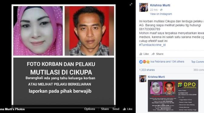 Pelaku mutilasi di Tangerang tengah diburu, Kombes Pol Krishna Murti menyebarkan wajah pelaku lewat medsos| Via: facebook.com/ Krishna Murti