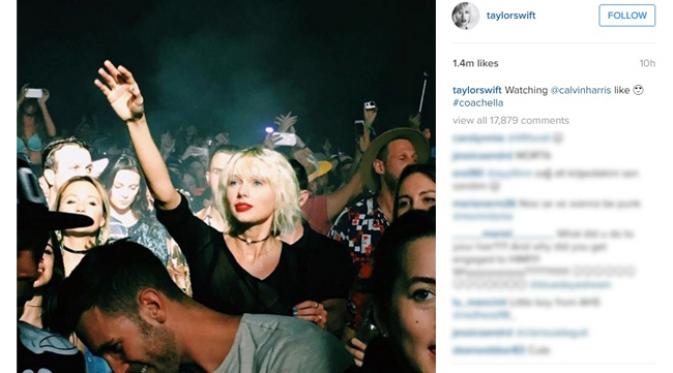 Taylor Swift yang tengah menyaksikan penampilan Calvin Harris di Coachella. (Instagram)