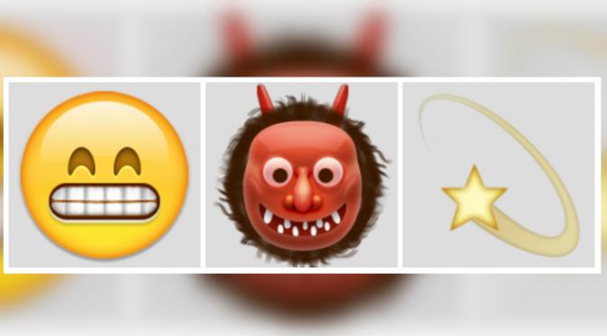 Grinning Face (kiri), Japanese Ogre (tengah), Dizzy Symbol (kanan) (Emojipedia.org).