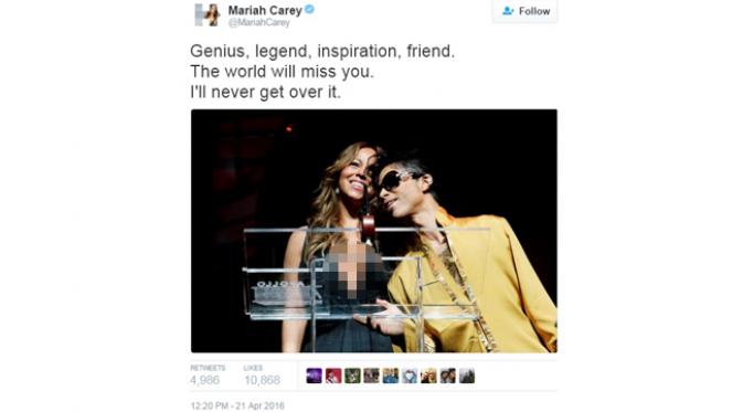 Mariah Carey ungkapkan rasa duka atas kepergian Prince. (Twitter)