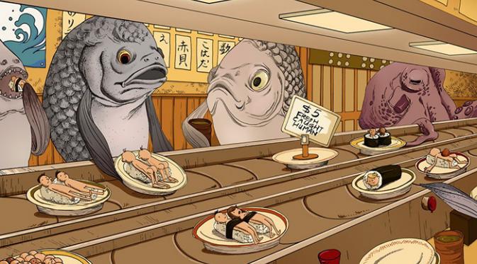 Ikan makan manusia di restoran. (Via: boredpanda.com)
