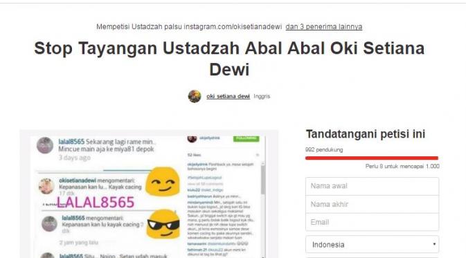 Petisi online Oki Setiana Dewi (change.org)