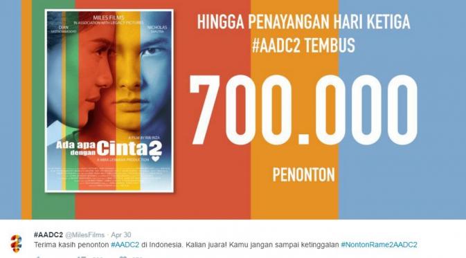AADC 2 tembus 700.000 penonton dalam 3 hari. (Twitter @Mirles)