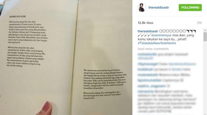 Dian Sastrowardoyo ungkapkan kekagumannya terhadap puisi karya Aan Mansyur. (Instagram)