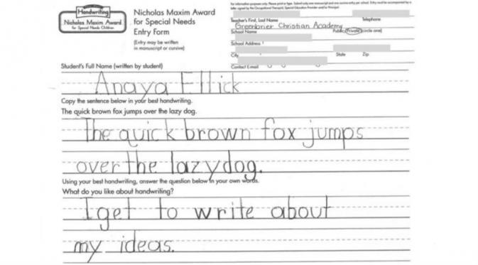 Tulisan indah yang mengantarkan Anaya Ellick menjadi juara lomba menulis indah kategori kebutuhan khusus di AS. (Sumber BBC)