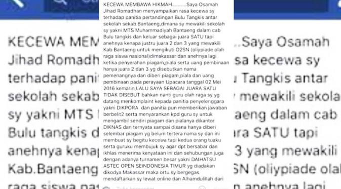 Curhat Osamah Jihad Romadhan, pebulu tangkis muda asal Kabupaten Bantaeng, Sulawesi Selatan, di akun Facebook milik sang ayah. (Liputan6.com/Ahmad Yusran)