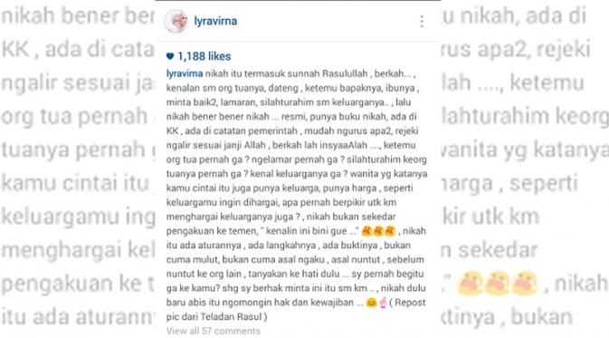 Postingan kegalauan Lyra Virna (Instagram vi liputan6.com)