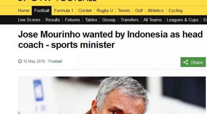 Media asing beramai-ramai mengangkat kabar keinginan Menpora Imam Nahrawi menjadikan Jose Mourinho sebagai pelatih Timnas Indonesia. (BBC)