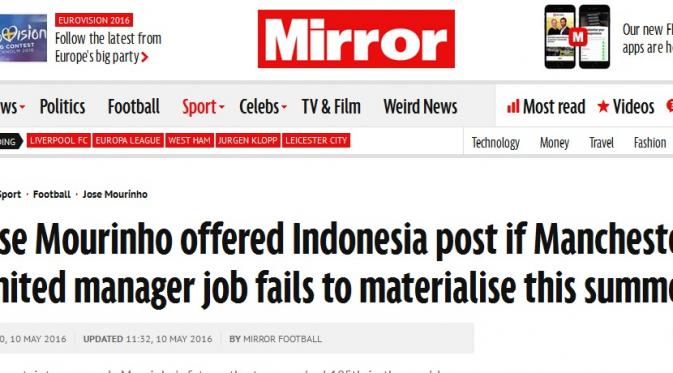 Media asing beramai-ramai mengangkat kabar keinginan Menpora Imam Nahrawi menjadikan Jose Mourinho sebagai pelatih Timnas Indonesia. (Daily Mirror)