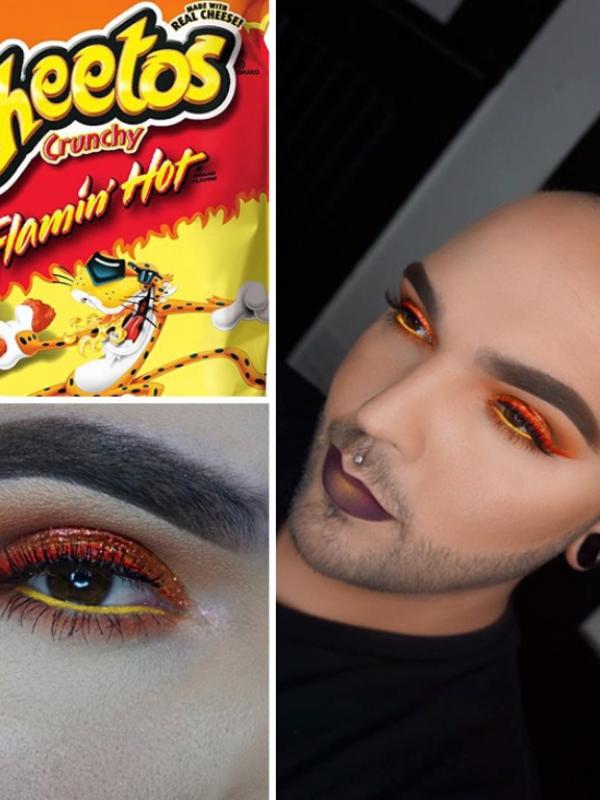 Makeup dengan contoh warna bungkus snack Cheetos. (via: Boredpanda.com)
