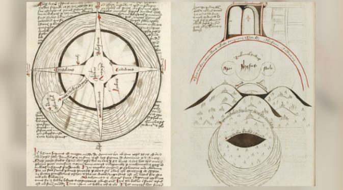 Gambar empat tanduk dajal (kiri) serta jarak Bumi ke surga dan neraka dalam manuskrip kuno asal Jerman tersebut (The Huntington Library)