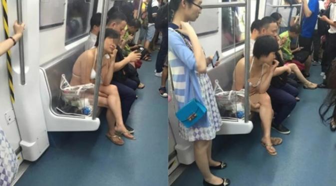 Wanita ini menjadi berita viral karena hanya mengenakan pakaian dalam di dalam gerbong kereta padat penumpang. Foto : Shanghaiist