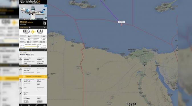 Rute pesawat EgyptAir tercatat di radar sebelum menghilang. (Twitter/Flight Radar 24)