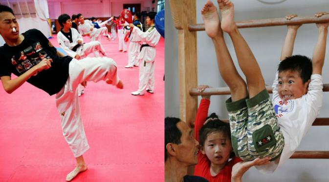Seorang siswa yang sedang mimisan tetap melanjutkan latihan taekwondonya (kiri) Seorang anak sedang berlatih gimnastik (kanan) (Reuters)