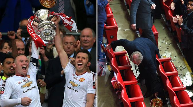 Seorang petugas keamanan (kiri) mengambil tutup trofi Piala FA yang jatuh ke tribun penonton. (Foto: The Sun)