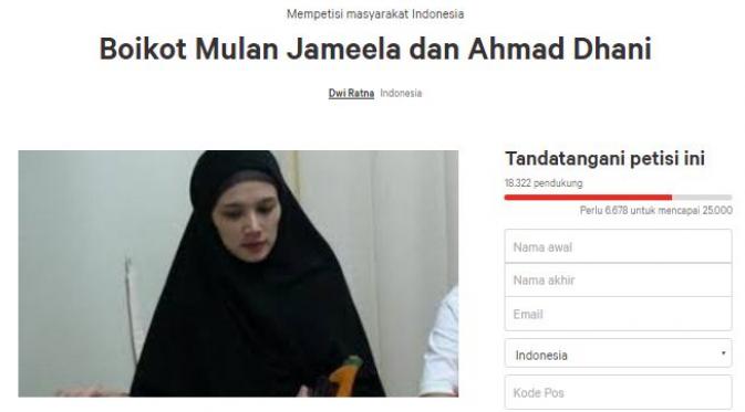 Petisi yang ditujukan kepada Ahmad Dhani dan Mulan Jameela. (via Change.org)