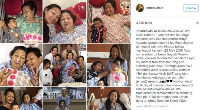 Indah Kalalo dan ibundanya, Rose Suyadi, saat menjalani perawatan di rumah sakit (Instagram/@indahkalalo)