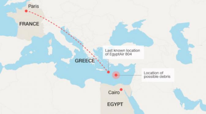 Lokasi pencarian EgyptAir MS804 (CNN/Egyptian Millitary).