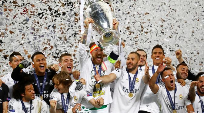 Skuat Real Madrid rayakan juara Liga Champions 2015-2016 (Reuters)