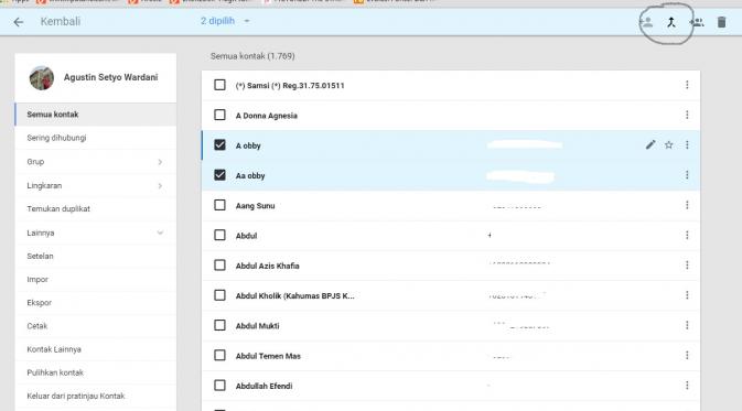 Cara menggabungkan kontak yang terduplikat melalui Gmail web (Sumber: Screenshoot).