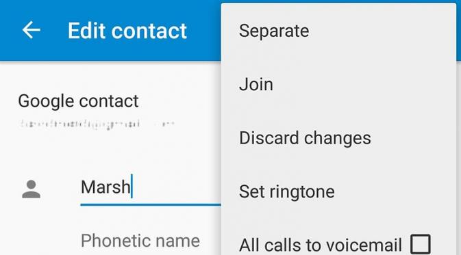 Cara menggabungkan kontak yang terduplikat melalui buku kontak (Sumber: Android Pit).