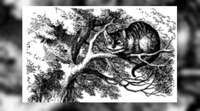 Cheshire Cat, tokoh kucing menyeringai dalam kisah Alice in Wonderland. (Sumber John Tenniel via Wikipedia)