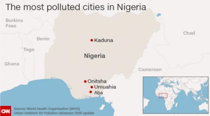 Kota yang memiliki tingkat polusi paling tinggi di Nigeria (World Health Organisation)