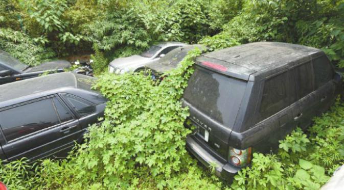 Sebuah lahan di Chengdu menjadi tempat penampungan mobil-mobil mewah terlantar yang dibawa ke sana karena berbagai alasan. (Sumber People's Daily)