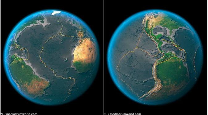 Lempeng Afrika (kiri) dan Pertemuan antara lempeng Amerika Utara dengan Selatan (kanan) (SPL/mediumworld.com)