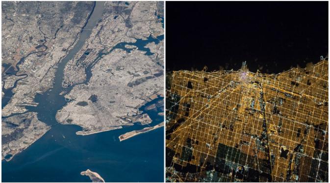 Pemandangan kota New York dan Chicago dari angkasa. Mengorbit 400 km di atas permukaan bumi, para astronot ISS seakan sedang berfoto menggunakan tripod yang sangat tinggi. (Sumber NASA dan Tim Kopra)