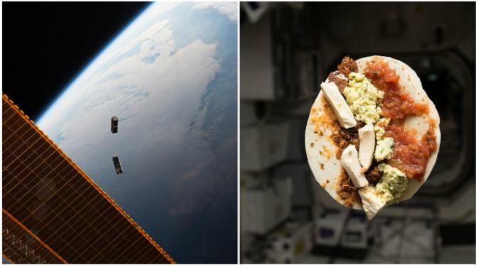Peluncuran satelit mini CubeSat yang semapt dikira penampakan UFO dan sarapan taco di ISS. Mengorbit 400 km di atas permukaan bumi, para astronot ISS seakan sedang berfoto menggunakan tripod yang sangat tinggi. (Sumber NASA dan Tim Kopra)