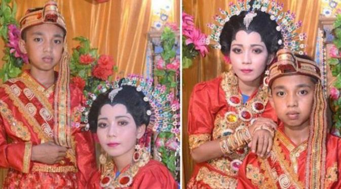 Para netizen dikejutkan dengan munculnya beberapa foto sepasang pengantin yang masih berusia 13 dan 14 tahun asal Sulsel. (Facebook)