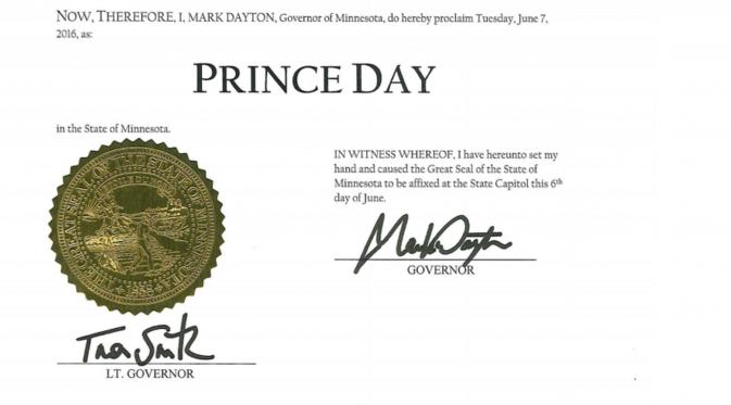 Piagam deklarasi Prince Day yang jatuh pada 7 Juni, disahkan oleh Gubernur Minnesota, Amerika Serikat (foto: Fox News)