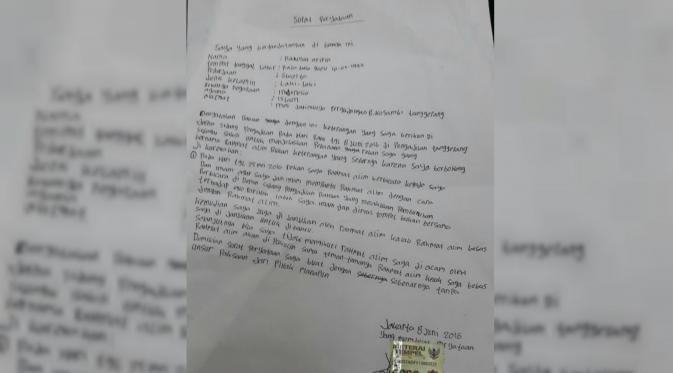 Surat Pernyataan Rahmat Arifin (Liputan6.com/Istimewa)