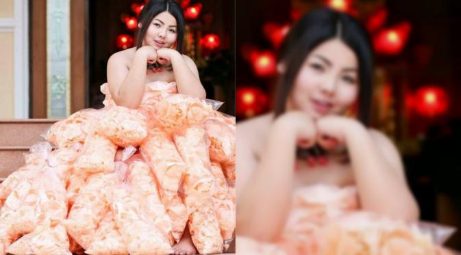 Sine Benjaphorn yang menjadi viral sejak Juni lalu setelah dia mengunggah foto diri dalam balutan gaun terbuat dari kerupuk udang. (Instagram/ L Framsook Lekl Ek) 