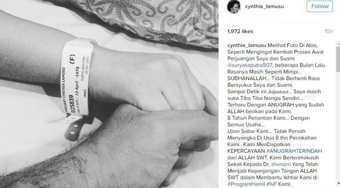 Setelah 8 tahun, Cynthia Lamusu akhirnya hamil. (Instagram)