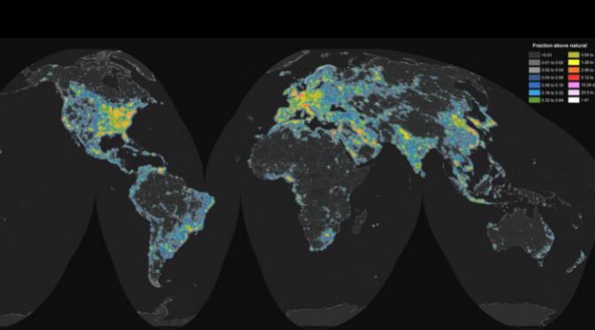 Peta persebaran polusi cahaya di seluruh dunia (Fabio Falchi et al/AAAS)
