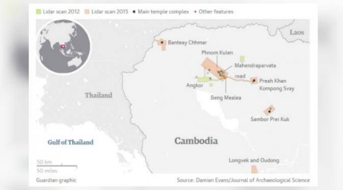 Kota tersembunyi di Kamboja yang terkuak dengan menggunakan pemindaian Lidar (Damian Evans/Journal of Archaeological Science)