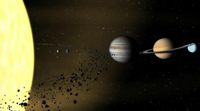 Ilustrasi sabuk asteroid antara Mars dan Jupiter. Meteorit yang dijuluki Oest 65 itu diduga sebagai serpihan asteroid berbentuk kentang yang ukurannya jauh lebih besar. (Sumber pics-about-space.com)